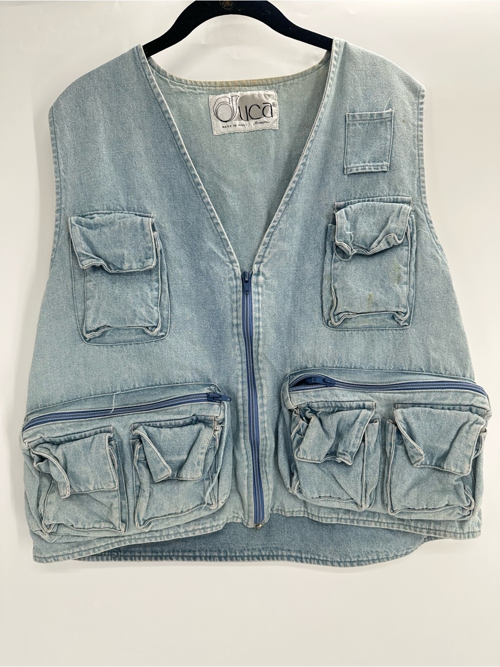 Vintage 90s Italian Denim Utility Vest Duca Rimini Cargo Fishing Gorpcore